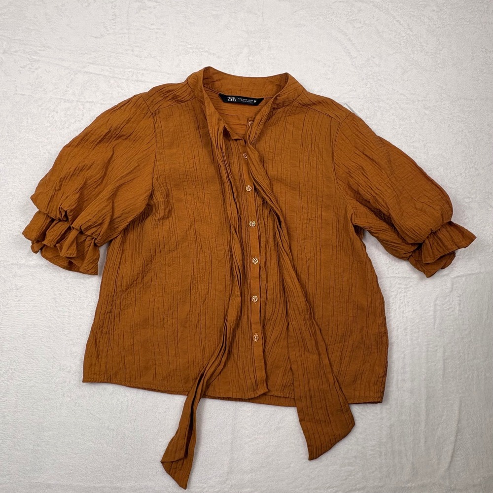 Zara Woman Rust Orange Textured Tie Neck Puff Sleeve Ruffle Blouse Medium